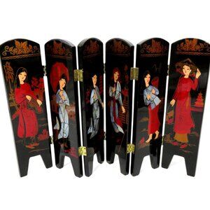 Geisha Mini FOLDING SCREEN Black Lacquer 6 Panel Asian Women Vintage